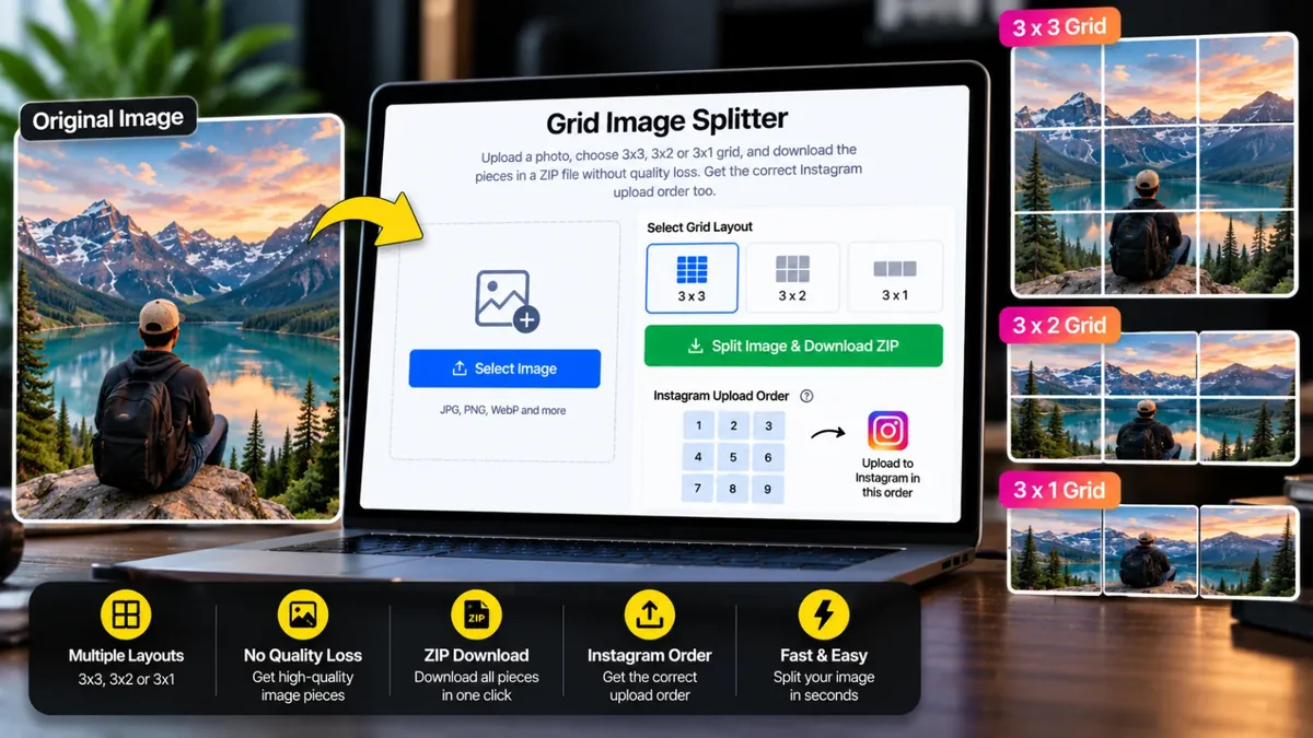 Grid Image Splitter: Ek Photo Ko 3×3, 3×2 Ya 3×1 Grid Mein Kaise Split Karein?