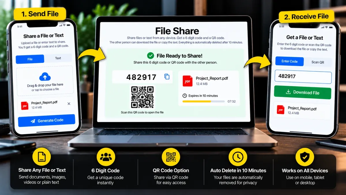File Share Kaise Karein? 6 Digit Code Ya QR Se File Aur Text Bhejein